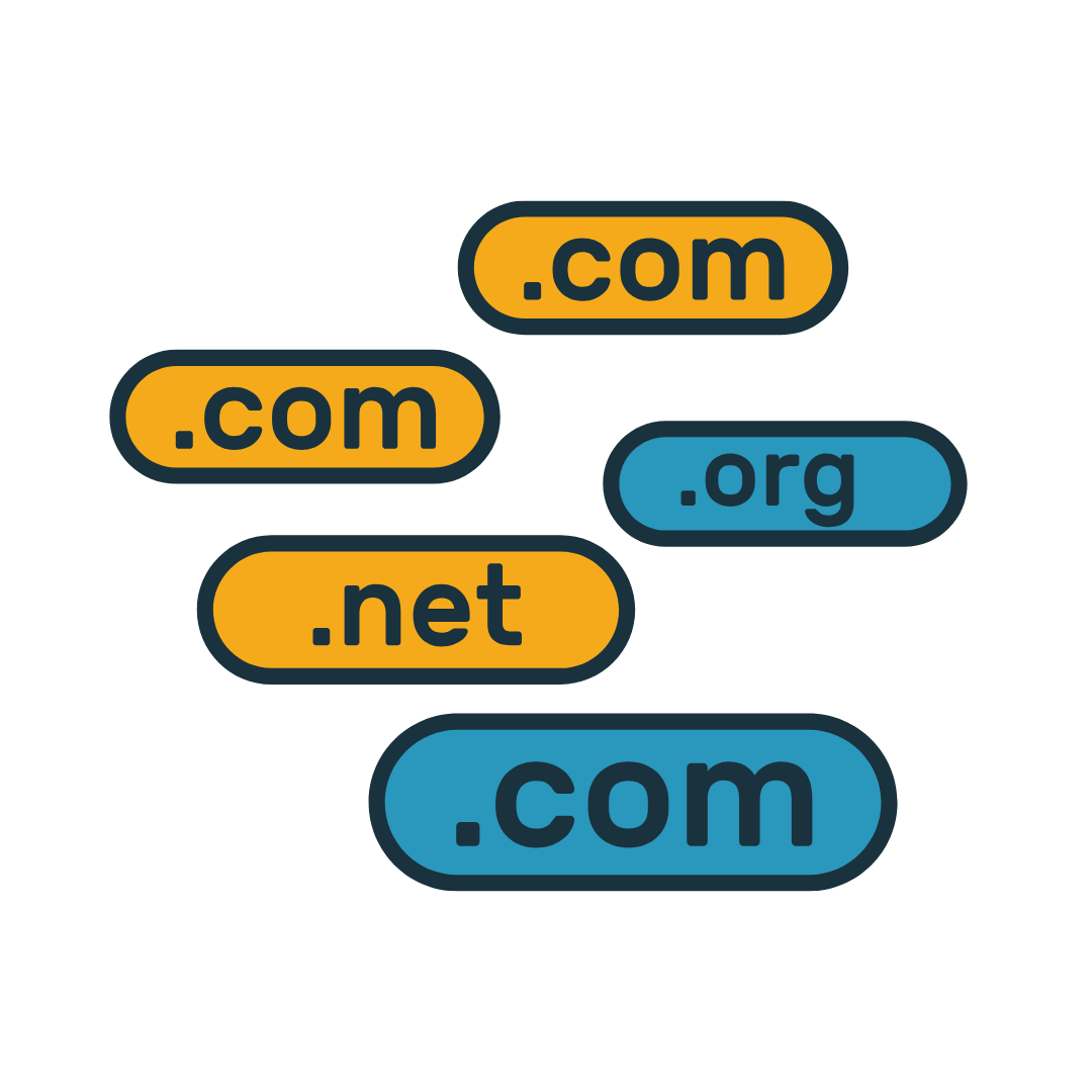 Illustrations of different domain extensions (.com, .org, .net) on a white background