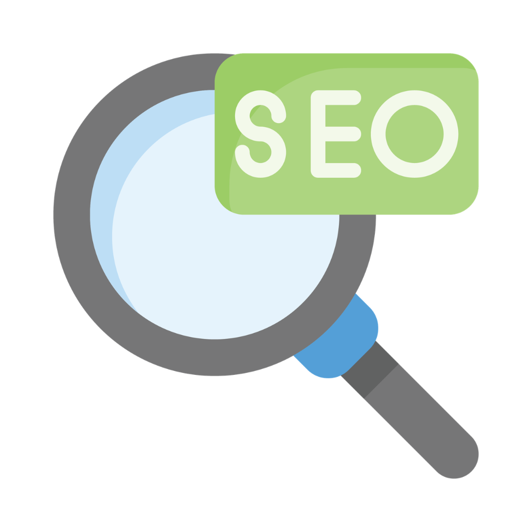 Magnifying glass with SEO label on a white background