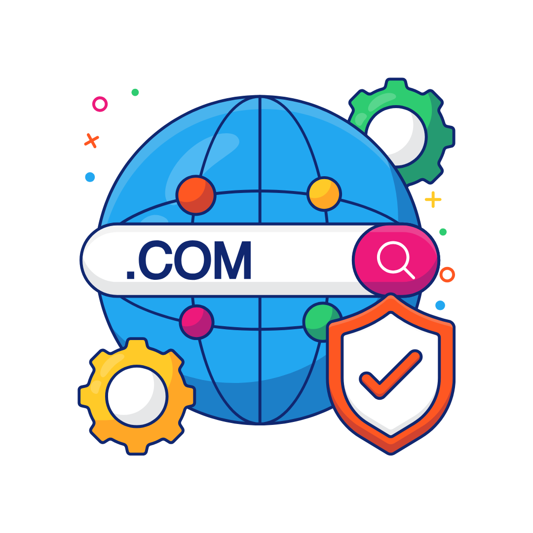 Illustration of a blue globe with a 'COM' domain name, gears, and a check mark on a white background