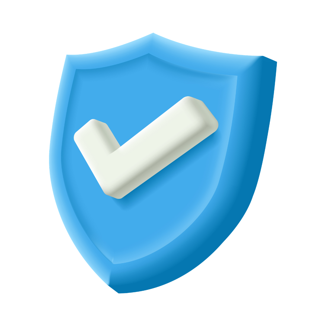 Blue shield with a white check mark on a white background
