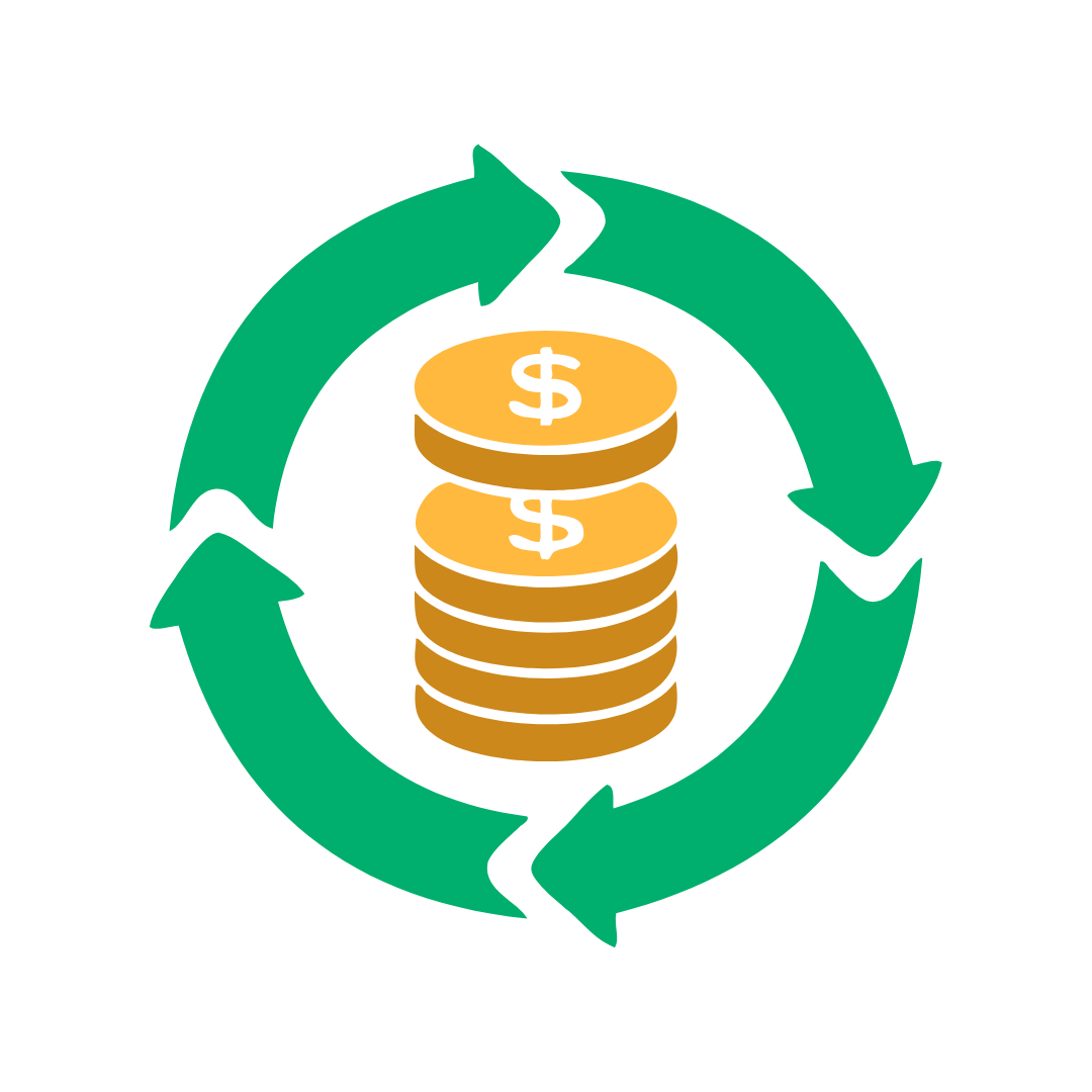 Icon of green recycling arrows encircling a stack of gold coins with dollar signs on a white background
