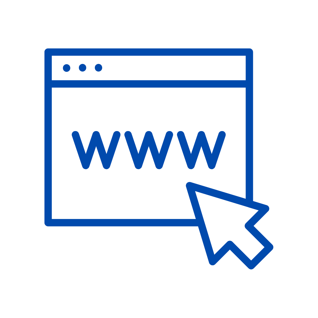 Blue icon of a web browser window with 'www' text and a cursor on a white background