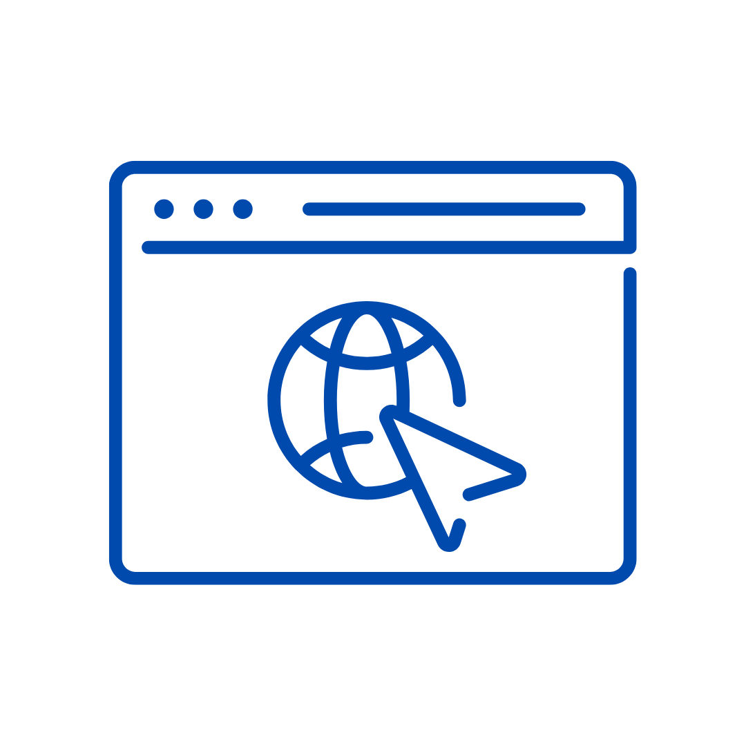 Blue icon of a web browser window with a globe and arrow inside on a white background