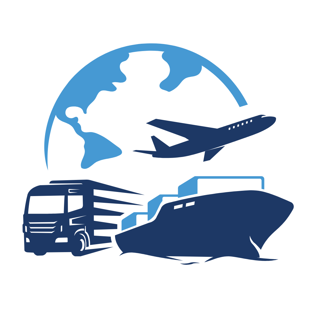 Blue icons of a globe, airplane, truck, and ship on a white background