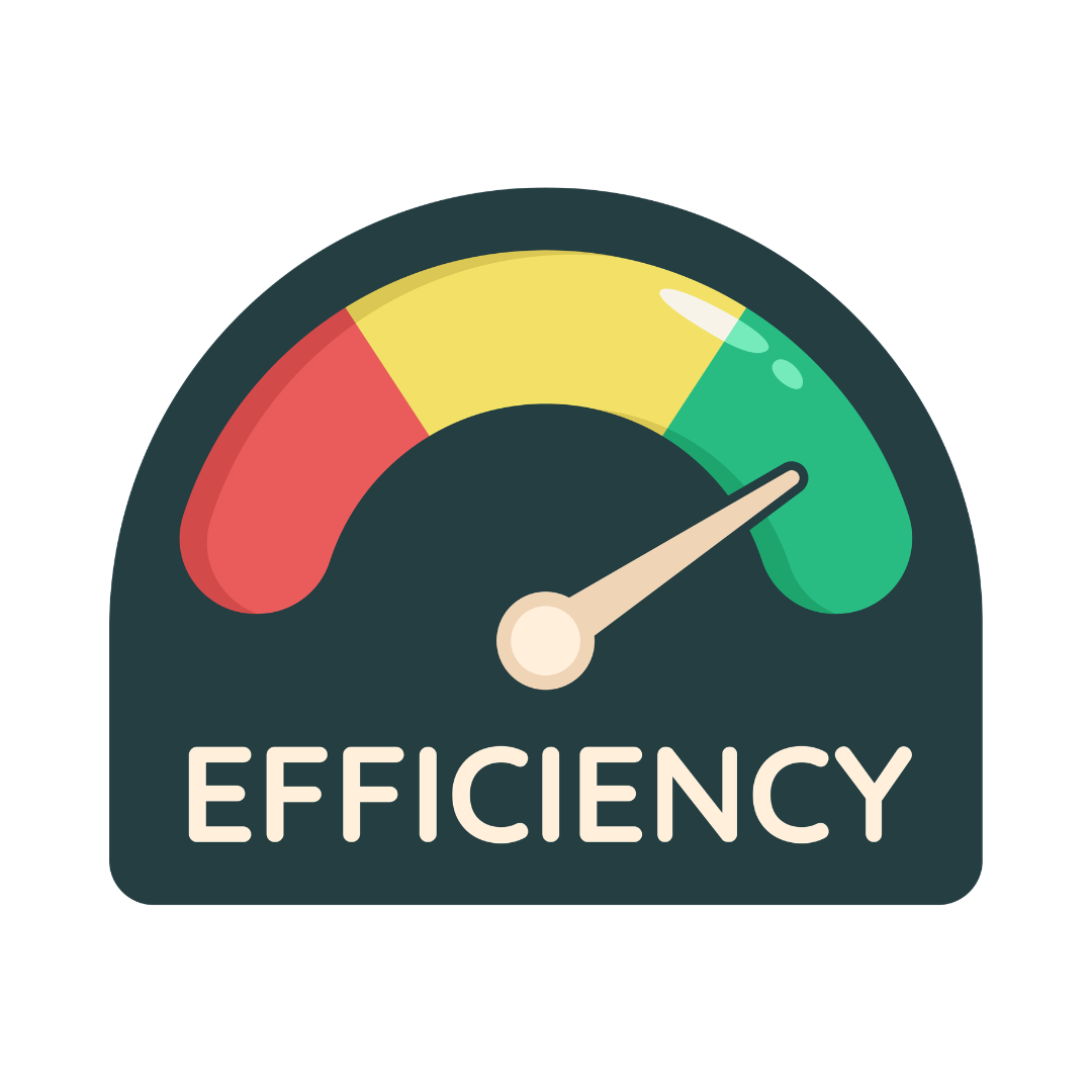 Efficiency gauge with red, yellow, and green segments on a white background