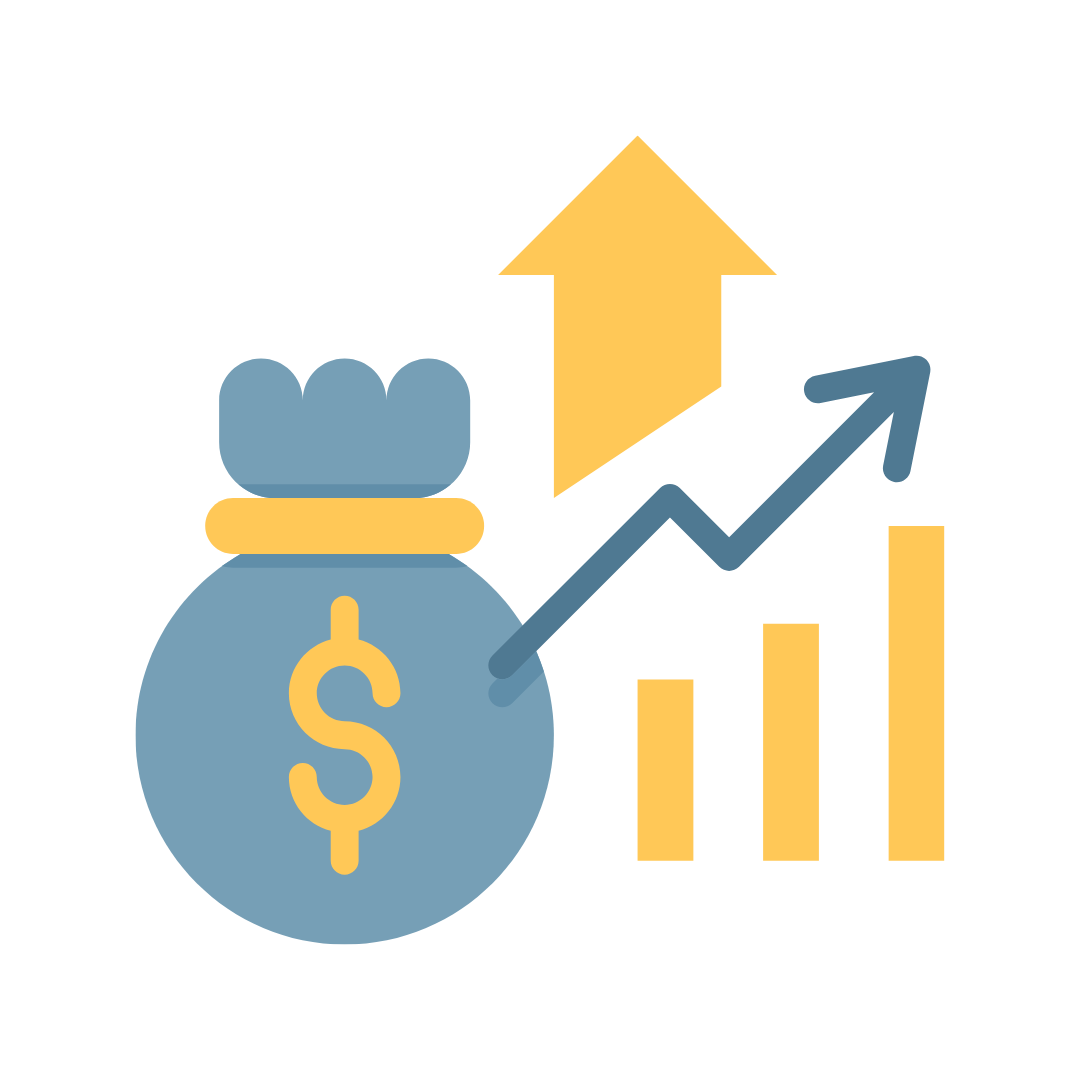Icon of a money bag with a dollar sign, a yellow arrow pointing upwards, and a blue bar chart with a yellow arrow on a white background.