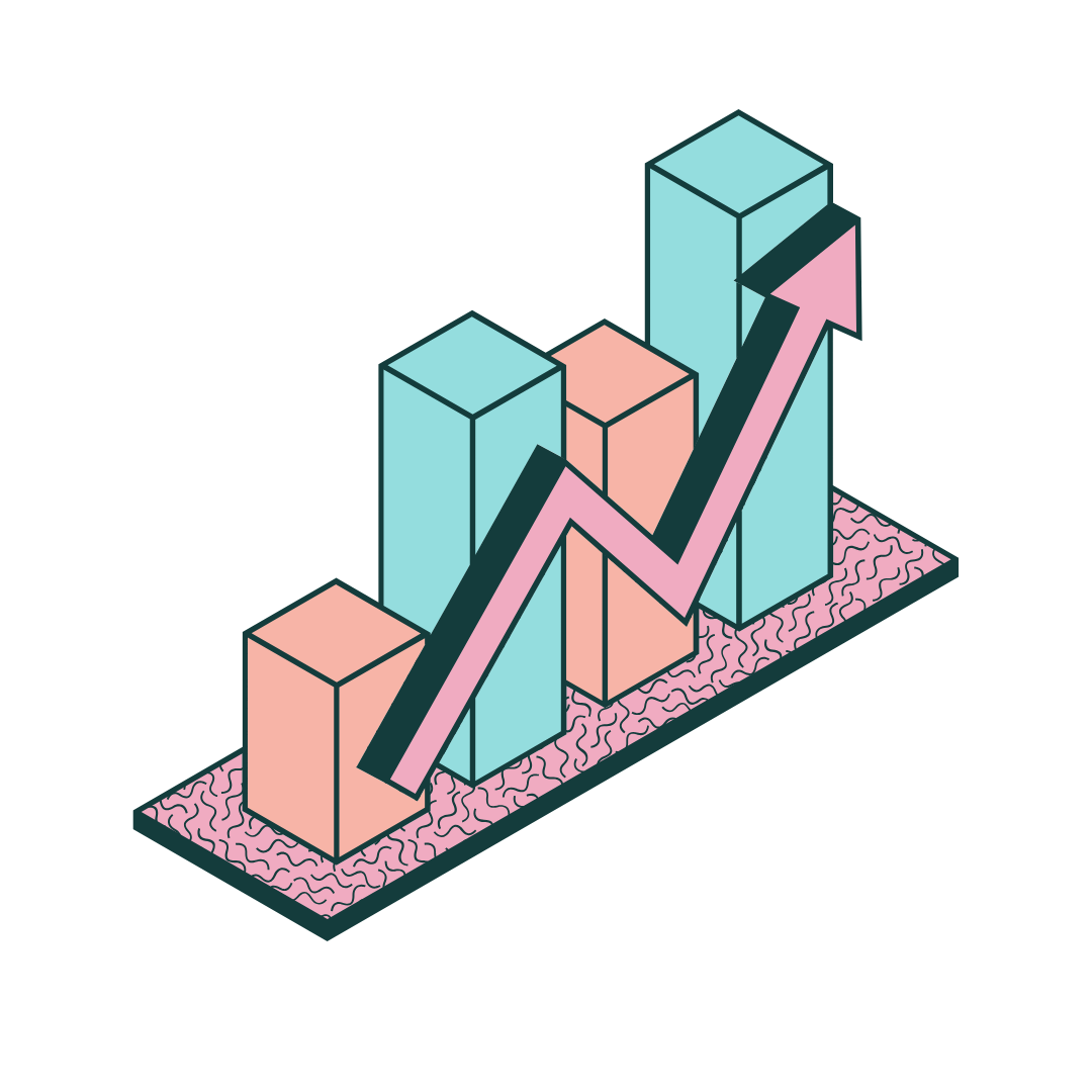 Illustration of a bar chart with an upward trend arrow on a white background